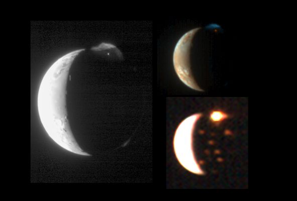 Planetary Flares
This montage demonstrates New Horizons' ability to observe the same target in complementary ways using its diverse suite of instruments. Previously released views taken at visible and slightly longer infrared wavelengths with the Long Range Reconnaissance Imager (LORRI), New Horizons’ high-resolution black-and-white camera, and the Multispectral Visible Imaging Camera (MVIC), its color camera, are here compared with a nearly simultaneous view from the Linear Etalon Imaging Spectral Array (LEISA), which observes its targets in more than 200 separate wavelengths of infrared light. This color LEISA view of Io (bottom right) combines three wavelength ranges, centered at 1.80, 2.04, and 2.31 micrometers.

The LORRI image (left) shows fine details on Io's sunlit crescent and in the partially sunlit plume from the Tvashtar volcano, and reveals the bright nighttime glow of the hot lavas at the source of the Tvashtar plume. The MVIC image (top right) shows the contrasting colors of the red lava and blue plume at Tvashtar, and the sulfur and sulfur dioxide deposits on Io's sunlit surface. The LEISA image shows that the glow of the Tvashtar volcano is even more intense at infrared wavelengths and reveals the infrared glow of at least 10 fainter volcanic hot spots on the moon’s nightside. The brightest of these, Amirani/Maui, which is visible to the lower right of Tvashtar, is less than 4% as bright as Tvashtar. All of these are long-lived hot spots that have been observed previously by the Galileo orbiter. Further analysis of the LEISA data will provide information on the volcanoes’ temperatures, and data on the sunlit crescent of Io will reveal details of Io's surface composition.
The LORRI, MVIC and LEISA images were taken March 1, 2007, at 00:35, 00:25 and 00:31 Universal Time, respectively, from a range of 2,3 MKM (about 1,4 MMs). 

The images are centered at Io coordinates 4° South and 164° West.
Parole chiave: Jupiter's Moon - Io