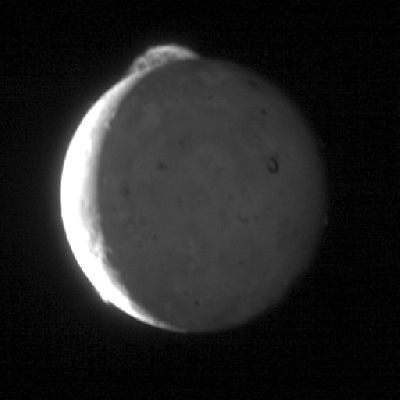 Erupting Tvashtar (GIF Movie)
This five-frame sequence of New Horizons images captures the giant plume from Io's Tvashtar volcano. Snapped by the probe’s Long Range Reconnaissance Imager (LORRI) as the spacecraft flew past Jupiter earlier this year, this first-ever “movie” of an Io plume clearly shows motion in the cloud of volcanic debris, which extends 330 Km (200 miles) above the moon’s surface. Only the upper part of the plume is visible from this vantage point – the plume’s source is 130 Km (about 80 miles) below the edge of Io's disk, on the far side of the moon.
The appearance and motion of the plume is remarkably similar to an ornamental fountain on Earth, replicated on a gigantic scale. The knots and filaments that allow us to track the plume’s motion are still mysterious, but this movie is likely to help scientists understand their origin, as well as provide unique information on the plume dynamics.
Io's hyperactive nature is emphasized by the fact that two other volcanic plumes are also visible off the edge of Io's disk: Masubi at the 7 o'clock position, and a very faint plume, possibly from the volcano Zal, at the 10 o'clock position. 
Jupiter illuminates the night side of Io, and the most prominent feature visible on the disk is the dark horseshoe shape of the volcano Loki, likely an enormous lava lake. Boosaule Mons, which at 18 Km (about 11 miles) is the highest mountain on Io and one of the highest mountains in the Solar System, pokes above the edge of the disk on the right side. 
The five images were obtained over an 8-minute span, with two minutes between frames, from 23:50 to 23:58 Universal Time (UT) on March 1, 2007. Io was approx. 3,8 MKM (about 2,4 MMs) from New Horizons; the image is centered at Io coordinates 0° North Lat. and 342° West Long. 

The pictures were part of a sequence designed to look at Jupiter's Rings, but planners included Io in the sequence because the moon was passing behind Jupiter's Rings at the time.
Parole chiave: Jupiter's Moon - Io