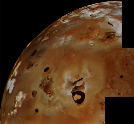 Volcanic Plains and Paterae on Io: Loki Patera (Absolute Natural Colors; credits for the additional process. and color.: Dr Paolo C. Fienga/Lunar Explorer Italia/Italian Planetary Foundation)
A huge area of Io's Volcanic Plains is well shown in this mosaic of pictures taken by the NASA - Voyager 1 Space Probe. Numerous Volcanic Calderas and Lava Flows are visible here, including the Loki Patera (an active Lava Lake), which is the large shield-shaped and dark red Surface Feature visible in the lower right portion of the mosaic. As a matter of fact, the (sometime) intense light emitted from the Lava that boils inside Loki Patera can even be seen through telescopes, all the way from Earth, and these observations tell us that Loki has been active continuously (or at least every time an astronomer took a good look at it...) since the Voyager 1 Fly-By, which occurred in the month of March of the AD 1979. 
The composition of Io's Volcanic Plains and Lava Flows has not been completely determined yet but, in the light of the information that we already possess (and, in particular, once we duly consider the orange-yellow color that can be seen over most of the Surface of Io), it is reasonable to say that they could dominantly consist of Sulphur, with Surface Frosts made of Sulphur Dioxide, Silicates (such as Basalts) encrusted with Sulphur and Sulphur Dioxide Condensates. The bright whitish patches, on the other hand, could probably consist of freshly deposited Sulphur Dioxide Frost. The dark red (and, sometime, almost black) spots, including Loki, are hot Sulphur Lava Lakes, which may remain molten even for a long time, thanks to the intrusions of molten Silicate Magma that (probably in an almost continuous way) comes up from deep inside Io. However, the very ultimate source of heat that keeps Io active, must be the Tidal (Frictional) Heating, due to the perpetual flexure of Io that is caused by the powerful Gravitational Influence of both Jupiter and Europa.
This picture (which is an Original NASA - Voyager 1 Space Proble color image mosaic published on the NASA - Planetary Photojournal with the n. PIA 00320) has been additionally processed and then re-colorized in Absolute Natural Colors (such as the colors that a human eye would actually perceive if someone were onboard the NASA - Voyager 1 Space Probe and then looked outside, towards the limb of the Jovian moon Io), by using an original technique created - and, in time, dramatically improved - by the Lunar Explorer Italia Team. Different colors, as well as different shades of the same color, mean, among others, the existence of different Elements present on the Surface of Io, each having a different Albedo (---> Reflectivity) and Chemical Composition.
Parole chiave: Jovian Moons - Io