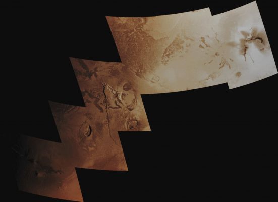 Zamama (Absolute Natural Colors; credits for the additional process. and color.: Dr Paolo C. Fienga/Lunar Explorer Italia/Italian Planetary Foundation)
The source area of what had been a towering Volcanic Plume in the middle of August of the AD 2001, lies in the far-right frame of this Image-Mosaic (of pictures taken by the NASA - Galileo Spacecraft on October, 16th, 2001) which shows us a portion of the Northern Latitudes of the Jovian "Volcanic" moon, Io. The Region showed in this Image-Mosaic includes the Zamama Lava Flow-Field, which emanates from the Northernmost of 2 (two) small Volcanoes visible in the far left frame. These Lava Flows were not present in any of the NASA - Voyager 1 Probe's images of Io, so it is logic to assume that they must have formed sometime between the NASA - Voyager 1 Fly-By (that occurred in the AD 1979) and the early observations of Io made by the NASA - Galileo Spacecraft and which took place in the AD 1996 (in addition to that, it has to be said that the NASA - Galileo Spacecraft also observed the Zamama Lava Flow-Field during the Io encounters that occurred in the AD 1999: a time when some NASA scientists identified narrow, long, dark Lava Flows which they thought to be relatively similar to other Lava Flows found on Planet Earth and, to be precise, in the Hawaii Islands). 
Moving North/East, the second and third frames of this mosaic show a number of Lava Flow-Fields and several Unnamed Volcanic Depressions, known as "Paterae". It is still unclear whether the broad, shield-like features (or "Plateaux") on which the Paterae rest were created by Eruptions from the Paterae themselves, or if they were just preexisting Volcanic Features. Furthermore, some Fractures and Dark Lines suggest that the Crust of Io, in a few places of this Region, is breaking up, thus creating Cracks that Magma can use to rise up to the Surface. Finally, the far-right frame of this mosaic shows dark Lava Flows and bright "Spots". The bright "Spots" are probably Sulphur-bearing Plume Deposits, which are thought to be associated with the source of a Plume Eruption approx. 500 Km (such as about 310 miles) high, that was observed by the Galileo Spacecraft in August, 2001 (a Plume Eruption that actually was the largest one ever observed on Io). 

This Image-Mosaic (which is an NASA - Original Galileo Spacecraft b/w Image-Mosaic published on May, 28th, 2002, on the NASA - Planetary Photojournal and identified by the serial n. PIA 03531) has been additionally processed and then colorized in Absolute Natural Colors (such as the colors that a human eye would actually perceive if someone were onboard the NASA - Galileo Spacecraft and then looked ahead, towards the Jovian moon Io), by using an original technique created - and, in time, dramatically improved - by the Lunar Explorer Italia Team.
Parole chiave: Jovian Moons - Io