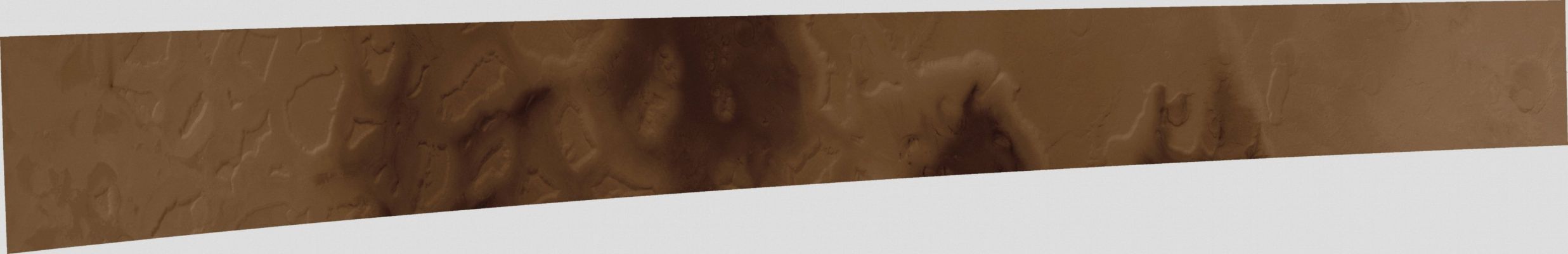 Frame H1201_0000_ND2: Ismenius Lacus Region
Caption ESA:"The scene shows the Region of Ismenius Lacus, about 77 Km wide in the North and 63 Km wide in the South, about 845 Km in length, and centered at - approx. - 25° East Long and 40° North Lat. 

The image represents a Transitional Region on the Surface separating the heavily Cratered Highlands in the South from the smooth Northern Plains. 
The Dissected Terrain contains a series of Mesas (i.e.: isolated "High Plateaux") and Buttes (i.e.: small and flat-topped Hills).
Parole chiave: Mars from orbit - Ismenius Lacus Region