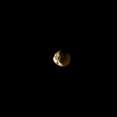 Janus (Natural Colors; credits: Lunar Explorer Italia)
Caption NASA:"Janus imitates its two-faced Greek god namesake by catching light on two sides. The brighter side of Janus is lit by the Sun while light reflected off Saturn dimly illuminates the rest of the moon and reveals the non-spherical shape of this small satellite. 
This image has been scaled to twice its original size. 
This view looks toward the Leading Hemisphere of the Janus (about 179 Km, or approx. 111 miles across). 
North on Janus is up and rotated 22° to the left. 

The image was taken in visible light with the Cassini spacecraft narrow-angle camera on Feb. 12, 2009. 
The view was obtained at a distance of approx. 1 MKM (such as about 621.000 miles) from Janus and at a Sun-Janus-Spacecraft, or Phase, Angle of 112°. 
Image scale is roughly 6 Km (about 4 miles) per pixel".
Parole chiave: Saturn's Moons - Janus