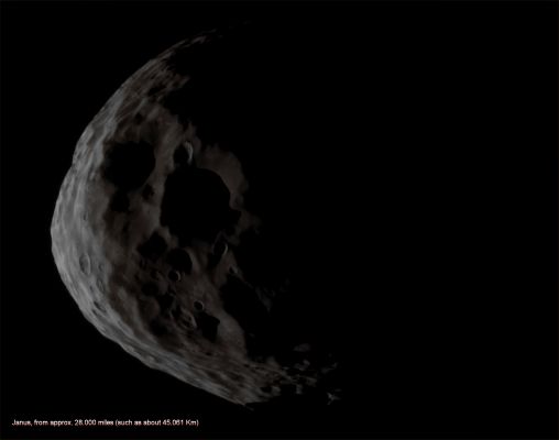 Closing-up on Janus (Absokute Natural Colors; credits for the additional process. and color.: Dr Paolo C. Fienga/Lunar Explorer Italia/Italian Planetary Foundation)
Dark and deep Shadows were obscuring most part of Janus' cratered Surface, when the NASA - Cassini Spacecraft took a close look at this Saturnian moon during the Fly-By which occurred on March 27, 2012.

This view is centered on Terrain located at approx. at 13° South Latitude and 26° West Longitude. The image was taken in Visible Light with the NASA - Cassini Spacecraft Narrow-Angle Camera, at a distance of approximately 28.000 miles (such as about 45.061 Km) from Janus and at a Sun-Janus-Cassini Spacecraft , or Phase, Angle of 109°. Image scale is 892 feet (272 meters) per pixel.

This frame (which is an Original NASA - Cassini Spacecraft b/w frame published on the NASA - Planetary Photojournal with the ID n. PIA 14607) has been additionally processed, contrast enhanced, magnified and then colorized in Absolute Natural Colors (such as the colors that a human eye would actually perceive if someone were onboard the NASA - Cassini Spacecraft and then looked outside, towards the Saturnian moon Janus), by using an original technique created - and, in time, dramatically improved - by the Lunar Explorer Italia Team. Different colors, as well as different shades of the same color, mean, among others, the existence of different Elements present on the Surface of Janus, each having a different Albedo (---> Reflectivity) and Chemical Composition.
Parole chiave: Saturnian Moons - Janus