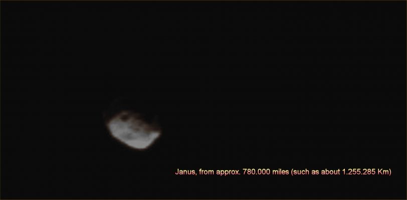 Janus, from far away... (Absolute Natural Colors; credits for the additional process. and color.: Dr Paolo C. Fienga/Lunar Explorer Italia/Italian Planetary Foundation)
In this frame, we can see that the NASA - Cassini Spacecraft has recently caught a glimpse of Janus: an irregularly-shaped Minor Saturnian moon. Lacking sufficient gravity to pull itself into a round shape, Janus (which is approx. 111 miles - such as about 178,63 - across) has had its lumpy primordial shape only slightly modified by impacts since its formation. A huge Impact Crater can be seen on the upper left corner of the illuminated side of Janus, jointly with other barely visible Surface Details. Furthermore, if you look carefully (after bringing the image to its full size), a few more Surface Details that are found of that part of Janus that lies in the shadows, beyond the Terminator Line, can be (even though just barely) seen, jointly with the outline of the moon.

This view looks toward the Trailing Hemisphere of Janus. North on Janus is up and rotated 44° degrees to the left. The image was taken in Visible Light with the NASA - Cassini Spacecraft Narrow-Angle Camera on April 28, 2013; the view was obtained at a distance of approximately 780.000 miles (such as about 1.255.285 Million KiloMeters) from Janus and at a Sun-Janus-Cassini Spacecraft (or Phase), Angle of 77°. The mage scale is roughly 5 miles (such as 8,04 Km) per pixel.

This frame (which is an Original NASA - Cassini Spacecraft b/w frame published on the NASA - Planetary Photojournal with the ID n. PIA 14667) has been additionally processed, contrast enhanced, magnified and then colorized in Absolute Natural Colors (such as the colors that a human eye would actually perceive if someone were onboard the NASA - Cassini Spacecraft and then looked outside, towards the Saturnian moon Janus), by using an original technique created - and, in time, dramatically improved - by the Lunar Explorer Italia Team. Different colors, as well as different shades of the same color, mean, among others, the existence of different Elements present on the Surface of Janus, each having a different Albedo (---> Reflectivity) and Chemical Composition.
Parole chiave: Saturnian Moons - Janus