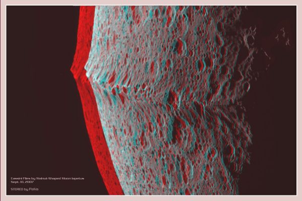 Japetus in 3D
Caption NASA:"This bizarre, equatorial ridge extending across and beyond the dark, Leading Hemisphere of Japetus gives the two-toned Saturnian moon a distinct walnut shape. With red/blue glasses you can check out a remarkable stereo composition of this extraordinary feature -- based on close-up images from this week's Cassini Spacecraft flyby. 
In fact, the ridge's combination of equatorial symmetry and scale, about 20 Km wide and reaching up to 20 Km above the surface, is not known to be duplicated anywhere else in our Solar System. The unique feature was discovered in Cassini images from 2004. It appears to be heavily cratered and therefore ancient, but the origin of the equatorial ridge on Iapetus remains a mystery".
Parole chiave: Saturn's Moons - Japetus