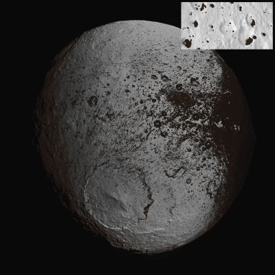 Engelier Crater (CTX Frame and EDM in Absolute Natural Colors; credits for the additional process. and color.: Dr Paolo C. Fienga/Lunar Explorer Italia/Italian Planetary Foundation)
The NASA - Cassini Spacecraft captured, in the month of September of the AD 2007, the first High-Resolution glimpse of the bright Trailing Hemisphere of Saturn's moon Japetus. This Absolute Natural Color image-mosaic shows the entire Hemisphere of Japetus that was visible from the NASA - Cassini Spacecraft on the outbound leg of its encounter with the two-toned moon. Also shown here is the complicated Transition Region of Japetus (meaning the Region which is located in-between its Dark Leading Hemisphere and the Bright Trailing one). This Region, visible along the right side of the image, was observed in many of the images acquired by Cassini near the closest approach of the encounter.
Revealed here for the first time in detail are the Geologic Structures that mark the Trailing Hemisphere of Japetus. The Region appears to be Heavily Cratered, particularly in the North and South Polar Regions of the moon. Near the top of the mosaic, numerous Impact Features that hade been already caught in several frames obtained by the NASA - Voyager 2 Spacecraft during the Fly-By of Japetus that took place in the AD 1981, are well visible, including the Impact Craters Ogier and Charlemagne. However, the most prominent Topographic Feature in this view, in the bottom half of the mosaic, is the approx. 450-Km (such as about 280-miles) wide Engelier Impact Basin: one of at least 9 (nine) huge Impact Basins found on Japetus. In fact, the Engelier Impact Basin overlaps an older, similar-sized Impact Basin located to its South/East. 
In many places of Japetus, the Dark Material (that is thought to be composed of Nitrogen-bearing Organic Compounds - called "Cyanides" -, as well as by Hydrated Minerals and other Carbonaceous Minerals) seems to "coat" the Equator-facing Slopes as well as the Floor of the Impact Basin. The distribution of this Dark Material as well as the variations in the color of the Bright Material that is spread all across the Trailing Hemisphere, will be crucial clues to solve (or, at least, ro clarify) if we really want to get a better understanding of the origin of Japetus' extremely peculiar bright-dark dual personality.

The view was acquired with the NASA - Cassini Spacecraft Narrow-Angle Camera on September 10, 2007, at a distance of about 73.000 Km (such as approx. 45.333 miles) from Japetus. This mosaic consists of 60 images covering 15 footprints across the Surface of Japetus. The view is an Orthographic Projection of the Saturnian moon that has been centered at 10,8° South Latitude, 246,5° West Longitude and which has a resolution of 426 meters (0,26 miles) per pixel. An Orthographic Projection (like this one) is something like the view that a distant observer would get by looking at a given Celestial Object through a telescope.

This frame (which is an Original NASA - Cassini Spacecraft false-color image mosaic published on the NASA - Planetary Photojournal with the ID n. PIA 08384) has been additionally processed, contrast enhanced, and then re-colorized in Absolute Natural Colors (such as the colors that a human eye would actually perceive if someone were onboard the NASA - Cassini Spacecraft and then looked outside, towards the bright Trailing Hemisphere of the Saturnian moon Japetus), by using an original technique created - and, in time, dramatically improved - by the Lunar Explorer Italia Team. Different colors, as well as different shades of the same color, mean, among others, the existence of different Elements present on the Surface of Japetus, each having a different Albedo (---> Reflectivity) and Chemical Composition.

Note: in the EDM (upper Right Side of the image-mosaic), a view of the Terrain located in the Transition Zone of Japetus. The Bright Material visible on the frozen Surface of Japetus is, most likely, Water Ice, while the Dark Material is, probably, a Carbonaceous Mineral.
Parole chiave: Saturnian Moons - Japetus