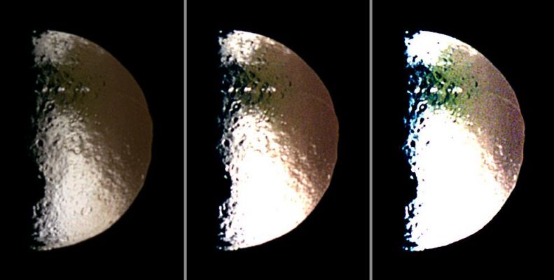 Color-Dichotomy on Japetus (False Colors; credits: NASA/JPL/Space Science Institute)
Caption NASA:"Three different false-color views of Saturn's moon Japetus show the boundary of the so-called global "Color Dichotomy" on the Hemisphere of this moon facing away from Saturn. 
Such a "Color Dichotomy", which has been detected in images from the Cassini Imaging Team, is a second global pattern found on Japetus besides the well-known global "Brightness Dichotomy". 

This image consists of three panels, each of which was contrast-enhanced in different ways to bring out Surface Features. Minimal enhancement was applied to the image on the left panel while those on the middle and right panels were enhanced more (with contrast increased by factors of two and four, respectively), making them appear brighter and overexposed. 
In the case of Japetus' Brightness Dichotomy, the Dark Terrain extends towards its Trailing Side at Equatorial Regions, while the Bright Terrain extends towards Japetus' Leading Side in the Polar Regions (see PIA11116). 

In the case of the Color Dichotomy seen here, its boundary is quite well correlated with the boundary between Japetus' Leading and Trailing Hemispheres. At Near-InfraRed wavelengths, the Bright Terrain on the Leading Side is redder than the one visible on the Trailing Side. This pattern is visible in the panel on the left, which uses normal contrast enhancement. The characteristic reddish distribution also appears on the dark material, as seen in the middle and right-hand panels that have been adjusted with even higher contrast. 

Indeed, the otherwise uniformly dark material shows different color hues, depending on whether the viewer looks at the Leading vs. the Trailing Side. 
Cassini scientists think this effect is caused by material falling onto Japetus from the outer irregular moons of Saturn. (see PIA06145 to learn more)

Images obtained with InfraRed, Green and UltraViolet Spectral Filters (centered at 953, 563 and 338 nanometers, respectively) were combined to create these False Color views. The color seen here is similar to that produced in (red, green and blue) Natural Color views. 

North on Japetus is approx. up in these images. The images were taken with the Cassini Spacecraft narrow-angle camera on Oct. 15, 2004. The view was obtained at a distance of approx. 1,2 MKM (such as about 746.000 miles) from Japetus and at a Sun-Japetus-Spacecraft, or Phase, Angle of 88°. 
Image scale is roughly 7 Km (a little more than 4 miles) per pixel".
Parole chiave: Saturn's Moon - Japetus