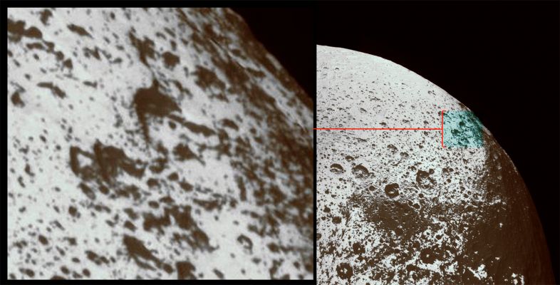 Squares on Japetus?
Uno splendido, inquietante ed...illusorio profilo individuato dal sempre bravissimo Marco Faccin. Strutture squadrate su Giapeto? Evidenze di "artificialità"?...

Ovviamente no: questo frame (e relativo detail mgnf) rappresentano solo un modo per vedere - e per far vedere! - come, volendo, si possono trovare "strutture regolari" su altri Corpi Celesti. 
Illusioni determinate dalla distanza, dall'angolo di ripresa, dalla qualità del frame e dalla voglia di vedere "segni tangibili di intelligenza (passata o presente) altrove": trovare queste strutture (che appartengono alla Classe delle Strutture "Effimere") è un gioco; evidenziarle è una curiosità; spiegarle per quello che sono (senza costruirci sopra delle eso-archeo-baggianate) è, secondo noi, un dovere.

Un grazie di cuore (ed un grande BRAVO!) al Dr Faccin per aver individuato un dettaglio (comunque) intrigante e per lo spunto di riflessione che, con esso, ci ha voluto dare.
Parole chiave: Saturn's Moons - Japetus - Controversial