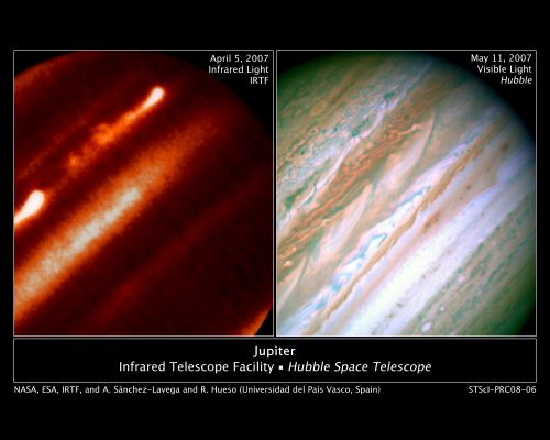 Internal Heat Drives Jupiter's Giant Storm Eruption (IR + VL)
Detailed analysis of two continent-sized storms that erupted in Jupiter's Atmosphere in March 2007 shows that Jupiter's internal heat plays a significant role in generating atmospheric disturbances. Understanding this outbreak could be the key to unlock the mysteries buried in the deep Jovian Atmosphere, say astronomers.
Understanding these phenomena is important for Earth's meteorology where storms are present everywhere and jet streams dominate the atmospheric circulation. Jupiter is a natural laboratory where atmospheric scientists study the nature and interplay of the intense jets and severe atmospheric phenomena.
An international team coordinated by Agustin Sánchez-Lavega from the Universidad del País Vasco in Spain presents its findings about this event in the January 24 issue of the journal Nature.

The team monitored the new eruption of cloud activity and its evolution with an unprecedented resolution using NASA's HST, the NASA Infrared Telescope Facility in Hawaii, and telescopes in the Canary Islands (Spain).
A network of smaller telescopes around the world also supported these observations.

According to the analysis, the bright plumes were storm systems triggered in Jupiter's deep water clouds that moved upward in the atmosphere vigorously and injected a fresh mixture of ammonia ice and water about 20 miles (30 Km) above the visible clouds. The storms moved in the peak of a jet stream in Jupiter's Atmosphere at 375 mph (600 Km/hour). Models of the disturbance indicate that the jet stream extends deep in the buried atmosphere of Jupiter, more than 60 miles (approx. 100 Km) below the cloud tops where most sunlight is absorbed.
Parole chiave: From Space Images - Hubble Images - Jupiter
