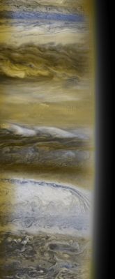 Jupiter's Clouds (from New Horizon) - HR
Caption NASA:"The New Horizons Spacecraft took some stunning images of Jupiter earlier this year while on the way out to Pluto. Famous for its Great Red Spot, Jupiter is also known for its regular, equatorial cloud bands, visible through even modest sized telescopes. The above image was taken near Jupiter's Terminator, and shows that the Jovian giant possibly has the widest diversity of cloud patterns in our Solar System. On the far left are clouds closest to Jupiter's South Pole. 
Here turbulent whirlpools and swirls are seen in a dark region, dubbed a belt, that rings the Planet. 
Even light colored regions, called zones, show tremendous structure, complete with complex wave patterns. The energy that drives these waves likely comes from below. New Horizons is the fastest space probe ever launched, and is zipping through the Solar System on track to reach Pluto in 2015".
Parole chiave: Jupiter - Upper Atmosphere