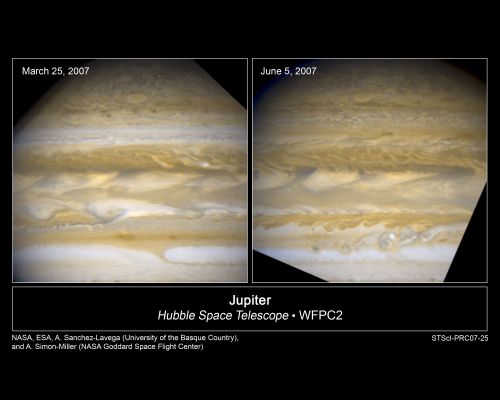 Something's happening inside Jupiter...
Massive Jupiter is undergoing dramatic atmospheric changes that have never been seen before with the keen "eye" of NASA's Hubble Space Telescope. 

Jupiter's turbulent clouds are always changing as they encounter atmospheric disturbances while sweeping around the planet at hundreds of miles per hour. But these Hubble images reveal a rapid transformation in the shape and color of Jupiter's clouds near the equator, marking an entire face of the globe.

The planet is wrapped in bands of yellows, browns, and whites. These bands are produced by the atmosphere flowing in different directions at various latitudes. Lighter-hued areas where the atmosphere rises are called zones. Darker regions where the atmosphere falls are called belts. When these opposing flows interact, storms and turbulence appear.

Between March 25 and June 5, Hubble's Wide Field and Planetary Camera 2 captured entire bands of clouds changing color. Zones have darkened into belts and belts have lightened and transformed into zones. Cloud features have rapidly altered in shape and size.

The image at left shows a thin band of white clouds above Jupiter's equator. The white color indicates clouds at higher altitudes in Jupiter's atmosphere. In the image at right, the band's white hue has turned brown, showing clouds deep within the planet's atmosphere. The whole band appears to have merged with the one below it. 

In the same cloud band above the equator, the small swirls in the left-hand image have morphed into larger wave-like features in the right-hand photo. Dominating the band is a dark streak that resembles a snake. This serpent-shaped structure is actually a small tear in the cloud deck, which gives astronomers a view deep within the atmosphere. 

Below the equatorial region, the brownish upside-down shark fin in the left-hand image disappears in the photo at right. Appearing instead are brownish tongue-shaped clouds with a stream of white swirls below them.

These global upheavals have been seen before, but not with Hubble's sharp resolution. Astronomers using ground-based telescopes first spied drastic atmospheric transformation in the 1980s. Another major disturbance was seen in the early 1990s, after Hubble was launched into space. The telescope, however, did not have the resolution to view the upheaval in fine detail. These higher-quality Hubble images may help astronomers understand how such global upheavals develop on Jupiter.


Parole chiave: From Space Images - Hubble Space Telescope - Jupiter