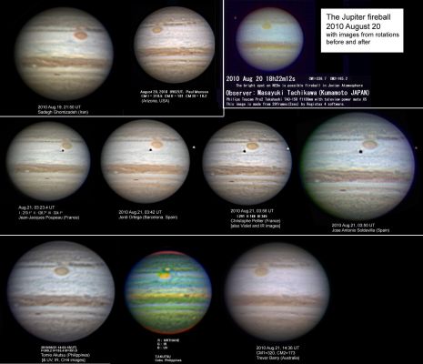 Another Impact on Jupiter?
Alcune immagini ad Alta Risoluzione scattate prima e dopo l'Evento Anomalo (impatto?) che ha coinvolto il Pianeta Giove.

Così come commentano gli Osservatori (che, come potete vedere, hanno ripreso il Gigante da svariate località), non c'era nessun segno visibile sul Gigante (nè in RGB, né UV, né Metano) il quale facesse da "testimone" della verificazione di un impatto. 

Infatti, a parte le ben visibili turbolenze che usualmente caratterizzano l'Alta Atmosfera Gioviana e la chiara di una macchia scura circolare (si tratta dell'ombra di uno dei Satelliti Galileiani - probabilmente Ganimede), non vi è traccia alcuna di "cicatrici atmosferiche" le quali possano far supporre l'avvenuta verificazione di un Evento d'Impatto.
Parole chiave: Jupiter
