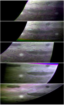 Ammonia Ice-Clouds on Jupiter
Caption NASA:"The top cloud layer on Jupiter is thought to consist of ammonia ice, but most of that ammonia "hides" from spectrometers. It does not absorb light in the same way ammonia does. To many scientists, this implies that ammonia churned up from lower layers of the atmosphere "ages" in some way after it condenses, possibly by being covered with a photochemically generated hydrocarbon mixture. 
The New Horizons Linear Etalon Imaging Spectral Array (LEISA), the half of the Ralph instrument that is able to see in infrared wavelengths that are absorbed by ammonia ice, spotted these clouds and watched them evolve over 5 Jupiter days (about 40 Earth hours). In these images, spectroscopically identified fresh ammonia clouds are shown in bright blue. The largest cloud appeared as a localized source on day 1, intensified and broadened on day 2, became more diffuse on days 3 and 4, and disappeared on day 5. 
The diffusion seemed to follow the movement of a dark spot along the boundary of the oval region. Because the source of this ammonia lies deeper than the cloud, images like these can tell scientists much about the dynamics and heat conduction in Jupiter's lower atmosphere".
Parole chiave: Jupiter - Upper Atmosphere