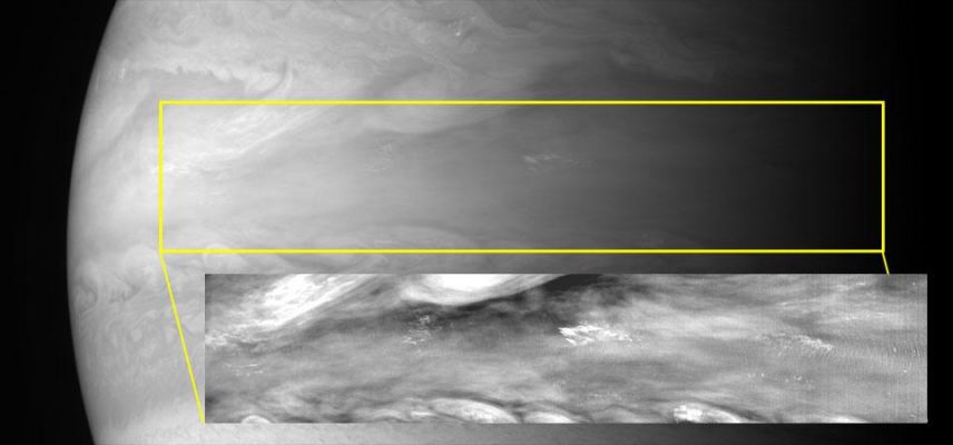 Atmospheric Waves
With its Multispectral Visible Imaging Camera (MVIC), half of the Ralph instrument, New Horizons captured several pictures of mesoscale gravity waves in Jupiter's Equatorial Atmosphere. Buoyancy waves of this type are seen frequently on Earth - for example, they can be caused when air flows over a mountain and a regular cloud pattern forms downstream. In Jupiter's case there are no mountains, but if conditions in the atmosphere are just right, it is possible to form long trains of these small waves. 
The source of the wave excitation seems to lie deep in Jupiter's atmosphere, below the visible cloud layers at depths corresponding to pressures 10 times that at Earth's surface. The New Horizons measurements showed that the waves move about 100 mt-per-second faster than surrounding clouds; this is about 25% of the speed of sound on Earth and is much greater than current models of these waves predict. 
Scientists can "read" the speed and patterns these waves to learn more about activity and stability in the atmospheric layers below".
Parole chiave: Jupiter - Upper Atmosphere