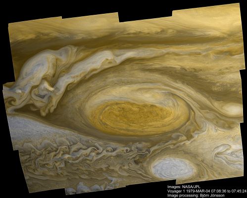 Jupiter's Great Red Spot from Voyager 1 (Credit: NASA, JPL; Digital processing: Dr Bj�rn J�nsson - IAAA)
Caption NASA:"It is a hurricane twice the size of the Earth. It has been raging at least as long as telescopes could see it, and shows no signs of slowing. It is Jupiter's Great Red Spot, the largest swirling storm system in the Solar System. 
Like most astronomical phenomena, the Great Red Spot was neither predicted nor immediately understood after its discovery. Still today, details of how and why the Great Red Spot changes its shape, size, and color remain mysterious. A better understanding of the weather on Jupiter may help contribute to the better understanding of weather here on Earth. 
The above image is a recently completed digital enhancement of an image of Jupiter taken in 1979 by the Voyager 1 Spacecraft as it zoomed by the Solar System's largest planet. 
At about 117 AU from Earth, Voyager 1 is currently the most distant human made object in the Universe and expected to leave the entire Solar Heliosheath any time now".
Parole chiave: Jupiter