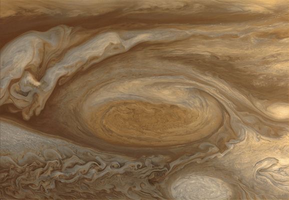 Jupiter's Great Red Spot from Voyager 1 (Credit: NASA, JPL - Additional processing and color.: Dr Paolo C. Fienga - Lunexit Team)
Caption NASA:"It is a hurricane twice the size of the Earth. It has been raging at least as long as telescopes could see it, and shows no signs of slowing. It is Jupiter's Great Red Spot, the largest swirling storm system in the Solar System. 
Like most astronomical phenomena, the Great Red Spot was neither predicted nor immediately understood after its discovery. Still today, details of how and why the Great Red Spot changes its shape, size, and color remain mysterious. A better understanding of the weather on Jupiter may help contribute to the better understanding of weather here on Earth. 
The above image is a recently completed digital enhancement of an image of Jupiter taken in 1979 by the Voyager 1 Spacecraft as it zoomed by the Solar System's largest planet. 
At about 117 AU from Earth, Voyager 1 is currently the most distant human made object in the Universe and expected to leave the entire Solar Heliosheath any time now".

Parole chiave: Jupiter
