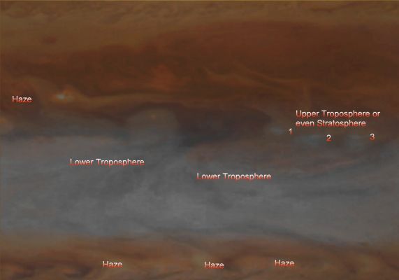 Inside Jupiter's Atmosphere (Absolute Natural Colors; credits for the additional process. and color.: Dr Paolo C. Fienga/Lunar Explorer Italia/Italian Planetary Foundation)
The Jupiter's "Dark Hot Spot" visible in this image - taken on December, 13 of the AD 2000 by the NASA - Cassini Spacecraft Imaging Science Subsystem (while Cassini was on its way to the Saturnian System) - is, in a manner of speaking, a "window" that opens deep inside into Jupiter's Upper Atmosphere. In fact, all around the Dark Hot Spot, there are Layers of higher Clouds, with shapes and colors that can help us to identify which Layer of the Jovian Amosphere they actually belong to. 
For instance, the three small gray-bluish Clouds visible to to the right of the frame, are located in the Jovian Upper Troposphere, or perhaps even higher, into the Jovian Stratosphere. On the other hand, the large Gray Band located under the Dark Hot Spot (inside which can be - really - barely seen a few bizarre-looking dense Cloud Formations), is positioned in the Lower Troposphere of Jupiter. In addition, a high, gauzy orangish Haze seems to cover a large portion of the frame.

This picture (which is an Original NASA - Cassini Spacecraft b/w false-color frame published on the NASA - Planetary Photojournal with the ID n. PIA 16837) has been additionally processed and then re-colorized in Absolute Natural Colors (such as the colors that an average human eye would actually perceive if someone were onboard the NASA - CASSINI Spececraft and then looked outside, towards the Jupiter), by using an original technique created - and, in time, dramatically improved - by the Lunar Explorer Italia Team. 

Note: we apologize to our Readers, but some of the details (i.e.: a so-called "Gyre" and a "Plume") which characterize part of the dense Cloud-Formations located in the Lower Troposphere of Jupiter can ONLY be seen by watching the false-color version of this frame, as edited by NASA, and found in the Planetary Photojournal. If seen through "human eyes", the aformentioned details disappear almost completely (only the Plume, in fact, can be barely spotted, left of center of the gray Clouds-Band).
Parole chiave: Jupiter - Upper Atmosphere