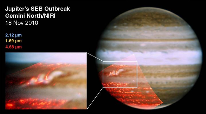 The Dark S.E.B. of Jupiter is back!
Dalla Rubrica "NASA - Picture of the Day" del giorno 29 Npvembre 2010:"Why are planet-circling clouds disappearing and reappearing on Jupiter? 
Although the ultimate cause remains unknown, planetary meteorologists are beginning to better understand what is happening. Earlier this year, unexpectedly, Jupiter's Dark Southern Equatorial Belt (SEB) disappeared. The changes were first noted by amateurs dedicated to watching Jupiter full time. The South Equatorial Band has been seen to change colors before, although the change has never been recorded in such detail. Detailed professional observations revealed that high-flying light-colored Ammonia-based clouds formed over the planet-circling Dark Belt. Now those Light Clouds are dissipating, again unveiling the lower Dark Clouds. 

Pictured above two weeks ago, far InfraRed images - depicted in false-color red - show a powerful storm system active above the returning Dark Belt. Continued observations of Jupiter's current cloud opera, and our understanding of it, is sure to continue".
Parole chiave: From Earth Pictures - Gemini Observatory