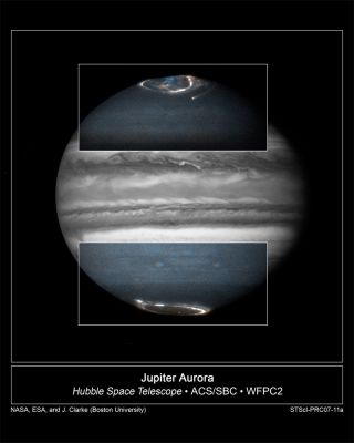 Jovian Aurorae
NASA's HST has recently taken images of Jupiter in support of the New Horizons Mission. The images were taken with Hubble's Wide Field Planetary Camera 2 and the Advanced Camera for Surveys. Hubble will continue to photograph Jupiter, as well as its volcanically active moon, Io, over the next month as the New Horizons spacecraft flies past Jupiter. New Horizons is en route to Pluto, and made its closest approach to Jupiter on February 28, 2007. Through combined remote imaging by Hubble and in situ measurements by New Horizons, the two missions will enhance each other scientifically, allowing scientists to learn more about the Jovian atmosphere, the Aurorae, and the charged-particle environment of Jupiter and its interaction with the Solar Wind.
For this photo, the combined ultraviolet- and visible-light images of Jupiter were taken with Hubble from February 17-21. The image segments in the boxes, obtained using the Advanced Camera for Surveys's ultraviolet camera, show auroral emissions that are always present in Jupiter's polar regions. The equatorial regions of Jupiter were imaged in blue light by the Wide Field Planetary Camera 2. Cloud features in Jupiter's main atmosphere are revealed. In the ultraviolet views, the atmosphere looks more hazy because sunlight is reflected from higher in the atmosphere.
Parole chiave: From Space Images - Hubble Images