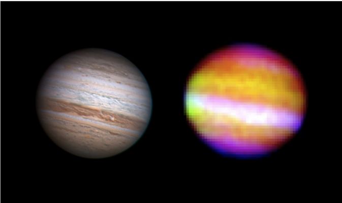 Jupiter from the Stratosphere
Dalla Rubruica "NASA - Picture of the Day", del giorno 3 Giugno 2010:"SOFIA, the Stratospheric Observatory for InfraRed Astronomy, captured its "first light" images on May 26, from an altitude of 35.000 feet. 
While flying above most of planet Earth's InfraRed-absorbing water vapor, SOFIA's premier IR views of the cosmos included this remarkable false-color image (right panel) of Jupiter. 
For comparison, on the left is a recent, ground-based visible light image. Both show our Solar System's ruling gas giant without its dark Southern Equatorial Belt (normally seen in the upper Hemisphere in this orientation). That familiar feature faded from view early in May. But the bright white stripe in SOFIA's image is a region of Jupiter's clouds transparent to IR Light, offering a glimpse below the cloud tops".
Parole chiave: From Space Images - SOFIA (Stratospheric Observatory for Infrared Astronomy) Images