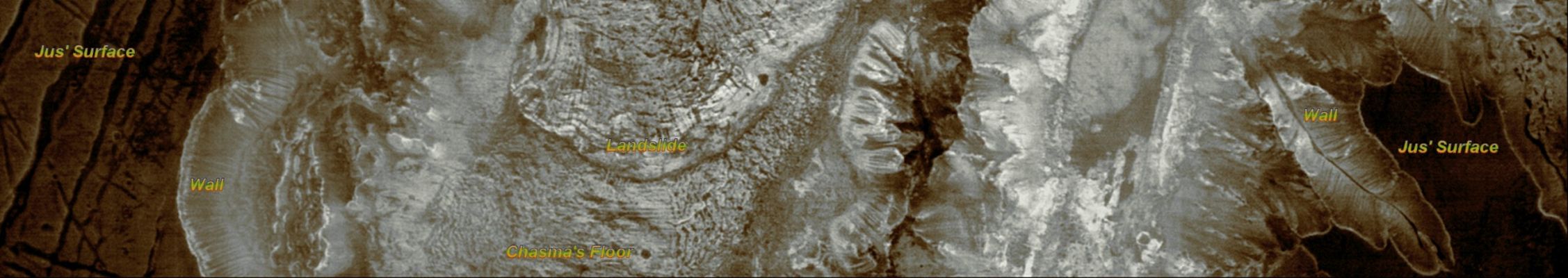 Jus Chasma at Night (False Colors; credits: Lunexit)
Caption NASA:"This is an InfraRed image of Jus Chasma taken at night. Bright surfaces are warmer than dark surfaces; the floor of the chasma is warmer than the plains at the top of the frame. Nighttime InfraRed images are extremely helpful in identifying bedrock outcrops, which stay warmer than dust covered surfaces. The landslide is also easy to identify in this image".

Coord.: 8,0° South Lat. and 280,8° East Long.

Parole chiave: Mars from orbit - Jus Chasma