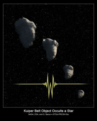 Kuiper's Belt Object occulting a Star
NASA's Hubble Space Telescope has discovered the smallest object ever seen in Visible Light in the Kuiper Belt, a vast ring of icy debris that is encircling the outer rim of the Solar System, just beyond Neptune.

The needle-in-a-haystack object found by Hubble is only 3200 feet across and a whopping 4,2 Billion Miles away. The smallest Kuiper Belt Object (KBO) seen previously in reflected light is roughly 30 miles across, or 50 times larger.

This is the first observational evidence for a population of comet-sized bodies in the Kuiper Belt that are being ground down through collisions. The Kuiper Belt is therefore collisionally evolving, meaning that the region's icy content has been modified over the past 4,5 BYs.

The object detected by Hubble is so faint — at 35th magnitude — it is 100 times dimmer than what Hubble can see directly.

So then how did the space telescope uncover such a small body?
Parole chiave: Drawings