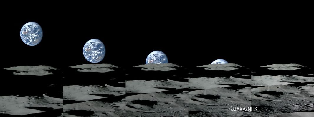 The setting "Blue Marble", from Lunar Orbit (full sequence - Kaguya is near the Lunar South Pole)
Caption JAXA:"These images are the Earth setting to the horizon near the Moon's South Pole. 
It took about 70 seconds from the left image to the right image (complete setting)". 
Parole chiave: Earth and Moon