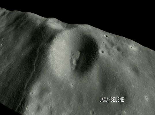 Dyson Crater (1)
Caption JAXA:"The Terrain Camera (TC) can observe the Moon surface during the day-time of the Moon using 2 cameras that respectively face the slightly diagonal forelooking and afterlooking of the satellite. It can take 3-D (stereo) images of the Moon's globe with a world's first Super High Definition (SHD) of 10 meters.
3-D terrain images acquired by TC HighRes Stereo-Pair Cameras are important data to study the evolution process of the Moon's unique terrain. 
With detailed investigation of the crater distribution, we can estimate more precisely when each area of the Moon has been formed and can study more details of when the Moon was born and how its inside and surface have been changing. 

Furthermore, data acquired by the TC is expected to be useful for studying topographical characteristics and illumination map to determine the best location for a future Moon base and to consider manned activities on the Moon".
Parole chiave: The Moon from orbit - Craters - Dyson