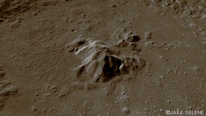 Tycho: the Central Peak (perspective view - natural colors; credits: Lunexit)
Caption JAXA:"Tycho Crater, located on the Lunar Nearside in the Highlands of the Southern Hemisphere at about 43° South Lat. and 7° West Long. is a young crater formed by an impact about 100 Million Years ago. On nights when the Moon is fully lighted, you can see bright rays coming out from Tycho Crater.
The study of Tycho Crater contributed to the development of Lunar Science. The first data on the chemical composition of the Lunar Highlands were obtained by the analytical instrument onboard Surveyor 7, which soft-landed about 20 Km North of the Rim of Tycho, in 1968 (see Note n. 1). 

Dr. J. A. Wood of the Smithsonian Astrophysical Laboratory discovered some tiny fragment of Anorthosite in the regolith (soil) samples collected by the Apollo 11 Astronauts. Because of the observation that the chemical composition of the fragments was similar to that of Tycho taken by the Surveyor, Dr. Wood inferred that these fragment were ejected from Tycho by the impact. He proposed the "Lunar Magma Ocean Hypothesis" (see Note n. 2) in order to account for his finding that the Lunar Highlands are composed of Anorthosite. 
One of the major objectives of the subsequent Apollo Missions was to find a pristine Anorthosite rock in the Highlands.

The impact that created Tycho Crater ejected highland anorthositic crust all over the Near Side of the Moon. This impact by a small asteroidal body took place, as we said, about 100 MY ago, when the dinosaurs inhabited the Earth. It was, however, still a relatively recent event in Lunar History, and the effects of the impact event can still be seen.

Note 1) In preparation for the manned Lunar Missions of the Apollo Program, NASA developed soft-landing techniques with the Surveyor Program. Surveyor 7 was the final spacecraft of the series and landed near the north rim of Tycho Crater on 10 January 1968 (UT). During this mission, many photographs of the Lunar Highland landscape were taken and a geological survey was performed.

Note 2) “Lunar magma ocean hypothesis”: To explain the formation of Anorthosite that the Lunar Surface was once completely molten to a depth of about 200 Km, thus forming a “lunar magma ocean”. This hypothesis has contributed not only to Lunar Science but also to ideas about the formation of the Earth. 
Parole chiave: The Moon from orbit - Tycho