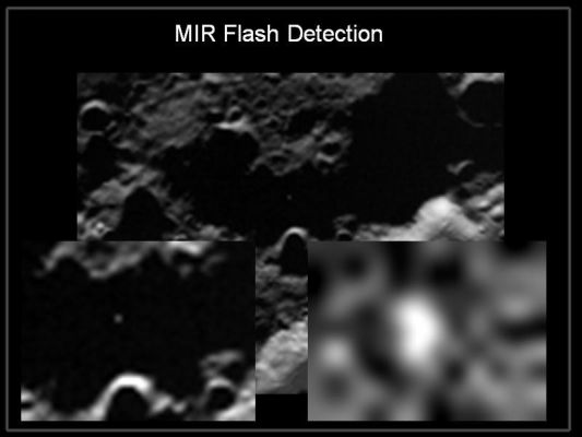 LCROSS impacting the Moon: the "Flash" in MIR Light
This Mid-InfraRed (MIR) image was taken in the last minutes of the LCROSS flight mission to the Moon. 
The small white spot (enlarged in the insets) seen within the dark shadow of lunar crater walls is the initial flash created by the impact of a spent Centaur upper stage rocket. Traveling at 1,5 mps (miles-per-second), the Centaur rocket hit the Lunar Surface yesterday at 04:31 UT, followed a few minutes later by the shepherding LCROSS Spacecraft. 
Earthbound observatories have reported capturing both impacts. But before crashing into the Lunar Surface itself, the LCROSS Spacecraft's instrumentation successfully recorded close-up the details of the rocket stage impact, the resulting crater and debris cloud. 

In the coming weeks, data from the challenging mission will be used to search for signs of water in the Lunar Material blasted from the Surface.
Parole chiave: Lunar Impact