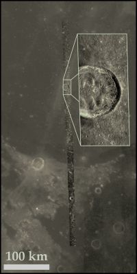 Bessel (possible Natural Colors on a Radar Image; credits: Dr Paolo C. Fienga - Lunexit Team)
Mini-RF S-band Zoom Synthetic Aperture Radar (SAR) image strip through central Mare Serenitatis on the Near-Side of the Moon (approx. Long. of the strip ~ 18° East; center Lat. ~ 20° North). 
The radar strip runs through the crater Bessel (inset; approx. 15 km (or about 9 mile) diameter; center at 21,8° North Lat. and 17,9° East Long.) and covers the highlands of the Haemus Mountains (on the Rim of the Serenitatis Basin) in its Southern (bottom) third. 

The full-resolution SAR data are 30 mt (90 feet). The Streaks of bright and dark material in the Walls of Bessel probably reflect the blockiness of Landslides within the Crater, brighter Streaks having more blocks of the 10-cm (4") scale. 

The radar strip covers a major geological boundary in Mare Serenitatis; the darker, lower Maria has higher Titanium content than central Serenitatis. We see this geological boundary in the Mini-RF radar image, caused by higher absorption of RF energy by the high content of the Iron-Titanium Oxide mineral "Ilmenite". 

Thus, Mini-RF SAR images can be used to map the Titanium content of the Lunar Maria. The background image is part of the Clementine global mosaic.
Parole chiave: The Moon from orbit - Craters - Bessel Crater