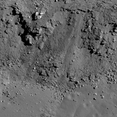 Lunar Landslide in an Unnamed Crater of Oceanus Procellarum
A key part of the LROC science investigation is the imaging and analysis of fresh, Copernican-aged Craters (such as Craters younger than 1,1 Billion Years), like this small (6-Km diameter) example at the edge of Oceanus Procellarum, West of Balboa Crater. 
The LROC team has seen a variety of landforms related to these important lunar features. For example, a Landslide on the Crater wall partially covers the solidified impact melts on the floor. The Landslide clearly happened after the Crater initially formed; the materials were likely dislodged by seismic shaking from nearby smaller impacts.
These young, fresh craters preserve an vital record of the impact process. 
Where does ejecta come from? How much impact melt is produced? How thick is ejecta? What is the importance of self-secondary impacts? 
These are only some of the important scientific questions that lunar scientists can address by studying these craters. 

As geologic time progresses, the pristine features in fresh craters are worn down by impacts of all sizes. Understanding young craters help geologists piece together the history of ancient degraded craters, an understanding particularly useful for planning future human missions to the Moon. The best way to explore fresh craters like this one, of course, would be with Astronauts. 
However, until humans return to the Moon, lunar geologists will analyze images like this for clues, as well as comparing the landforms like the one visible here with other craters on the Moon, Mars, and impact structures on Earth.
Parole chiave: The Moon from orbit - Oceanus Procellarum