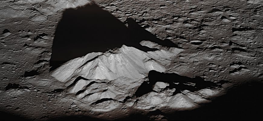 Tycho's Peak (Absolute Natural Colors; credits for the additional process. and color.: Dr Paolo C. Fienga - Lunexit Team)
Caption NASA:"Tycho Crater's Central Peak Complex casts a long, dark shadow near Local Sunrise in this spectacular Lunarscape. The dramatic oblique view was recorded on June 10, 2011, by the Lunar Reconnaissance Orbiter. Shown in amazing detail, boulder strewn slopes and jagged shadows appear in the highest resolution version at 1,5 meters per pixel. The rugged Complex is about 15 Km wide, formed in uplift by the giant impact that created the well-known crater about 100 MYs ago. The Summit of its Central Peak reaches approx. 2 Km above the Floor".
Parole chiave: The Moon from Orbit - Craters - Tycho Crater