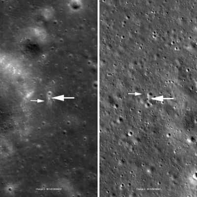 Chang'E 3 (left - Sx -, M147290066LR) and Chang'e 4 (right - Dx -, M1303619844LR) are very similar in size and instrumentation. The Chang'E 3 image looks a bit fuzzier because the Landing Site is at 44° North Latitude where the LRO orbit is about twice as far from the Moon relative to the Chang'e 4 Site, at 45° South Latitude.
Each panel is roughly 463 meters (such as about 1520 feet) wide, large arrows indicate Landers and small arrows indicate Rovers.
Parole chiave: Moon