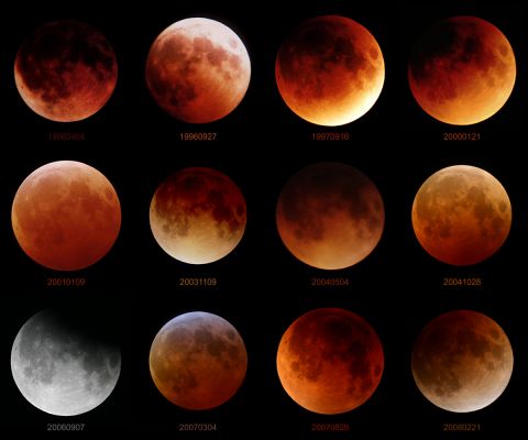 Eclipses...
Caption NASA, da "NASA - Picture of the Day", del 29 Febbraio 2008:"Welcome to the extra day in the Gregorian Calendar's leap year 2008! To celebrate, consider this grid of lunar eclipse pictures - starting in leap year 1996 and ending with February's eclipse - with the date in numerical year/month/day format beneath each image. Mostly based on visibility from a site in Turkey, the 3x4 matrix includes 11 of the 13 total lunar eclipses during that period, and fills out the grid with the partial lunar eclipse of September 2006. Still, as the pictures are at the same scale, they illustrate a noticeable variation in the apparent size of the eclipsed Moon caused by the real change in Earth-Moon distance around the Moon's elliptical orbit. The total phases are also seen to differ in color and darkness. Those effects are due to changes in cloud cover and dust content in the atmosphere reddening and refracting sunlight into Earth's shadow. Of course, the next chance to add a total lunar eclipse to this grid will come at the very end of the decade".
Parole chiave: From Earth Images - Amatorial Images