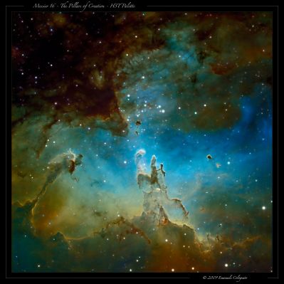 M 16 - The "Pillars of Creation"
"...So che potrò essere giudicato male per le mie asserzioni, ma non ha importanza: poichè io credo fermamente - ed anche umilmente - in quello che dico. 
E ciò che credo è che sia troppo comodo - e, forse, anche troppo "facile"... - fare previsioni le quali, per quanto "scientifiche" possano essere, si spingono oltre i confini dello Spazio e del Tempo. 

Dire, infatti, che fra 10, o 15, o forse 500 miliardi di anni terrestri, l'Universo sarà configurato in un modo piuttosto che in un altro, e le galassie che lo formano saranno infinitamente distanti le une dalle altre (o che magari saranno "ammassate" le une sulle altre) non significa, a mio avviso, "fare Scienza". 
L'Esperienza Umana ci insegna che le nostre ipotesi e previsioni, per quanto attiene l'evoluzione dell'Universo in quanto tale - e cioè visto e valutato nella sua interezza -, sono assolutamente inidonee a spingersi oltre - badate bene! - la soglia dei secondi.

E se questo è vero - come lo è -, allora fare previsioni orientate verso un Futuro così lontano che neppure la nostra Mente, per infinita che sia, è capace di immaginare, o comprendere, alla fine vuol solo dire "tirare ad indovinare". E gli Scienziati, mi hanno insegnato, non tirano ad indovinare...".

Paolo C. Fienga (Appunti - 1997)
Parole chiave: From Earth Pictures - Amatorial Pictures