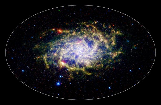 M 33 - Spiral Galaxy (3-color composite)
One of our closest galactic neighbors shows its awesome beauty in this new image from NASA's Spitzer Space Telescope. M 33, also known as the "Triangulum Galaxy", is a member of what's known as our Local Group of galaxies. 
Along with our own Milky Way, this group travels together in the universe, as they are gravitationally bound. In fact, M 33 is one of the few galaxies that is moving toward the Milky Way despite the fact that space itself is expanding, causing most galaxies in the universe to grow farther and farther apart. 

When viewed with Spitzer's InfraRed eyes, this elegant spiral galaxy sparkles with color and detail. Stars appear as glistening blue gems (several of which are actually foreground stars in our own galaxy), while dust rich in organic molecules glows green. The diffuse orange-red glowing areas indicate star-forming regions, while small red flecks outside the spiral disk of M 33 are most likely distant background galaxies. But not only is this new image beautiful, it also shows M 33 to be surprising large — bigger than its Visible-Light appearance would suggest. 
With its ability to detect cold, dark dust, Spitzer can see emission from cooler material well beyond the visible range of M 33's disk. Exactly how this cold material moved outward from the galaxy is still a mystery, but winds from giant stars or supernovas may be responsible. 

M 33 is located about 2,9 MLY away in the constellation Triangulum. This is a three-color composite image showing InfraRed observations from two of Spitzer instruments. Blue represents combined 3.6- and 4.5-micron light and green shows light of 8 microns, both captured by Spitzer's IRAC. 
Red is 24-micron light detected by Spitzer's Multiband Imaging Photometer.
Parole chiave: From Space Images - Spitzer Space Telescope (SST)