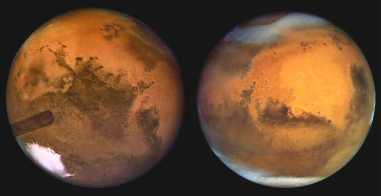Mars: the Orange, Greenish, Bluish, Gray and White Planet (True Colors; credits: NASA)
nessun commento
Parole chiave: Mars from Earth (left) and Mars from HST (right)