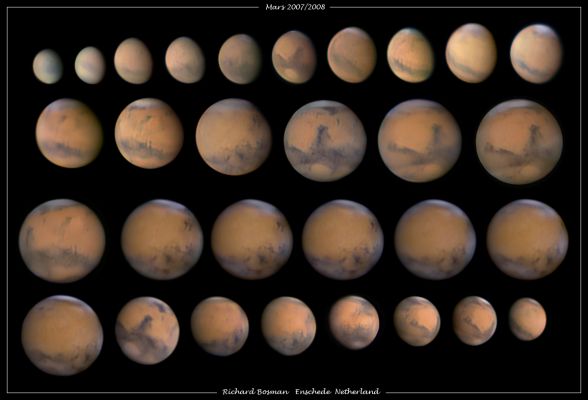 Mars in Time
Caption NASA, da "NASA - Picture of the Day" del 14 Luglio 2008:"Does Mars always appear the same? No. 
As both Earth and Mars orbit the Sun, the apparent angular size of Mars changes as viewed from the Earth. Pictured above from Enschede, Holland, Mars was captured in 2007 and 2008 with 30 separate images, all taken with the same magnification. 
When Earth and Mars are on opposite sides of the Sun, Mars appears relatively small. Conversely, when Earth and Mars are near each other, Mars looms large and bright. The largest Mars has appeared in recent history was the opposition of August 2003. 
Since Mars is always more distant from the Earth from the Sun, Mars never shows a crescent phase to Earthlings. Visible also in the above images are the North Polar Cap of Mars, dark and light soil, clouds, and, in the early images, a Global Dust Storm. 
The next opposition, when Earth again passes near to Mars, will occur in early 2010".
Parole chiave: Mars from Earth