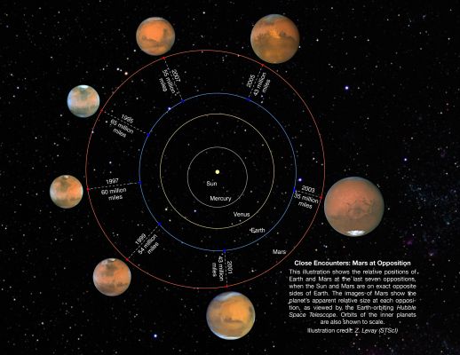 39 - Mars Oppositions: 1995-2007 (Relative Positions and Sizes - true colors; credits: NASA/HST)
Caption NASA:"This illustration shows the relative positions of Earth and Mars at the last 7 Martian oppositions from 1995 through 2007. Opposition occurs when the Sun and Mars are on exact opposite sides of Earth, resulting in a full-phase for Mars, similar to a full moon. 
The images of Mars show the Planet's apparent relative size at each opposition, as viewed by the Earth-orbiting Hubble Space Telescope. 
Orbits of the inner planets are to scale".
Parole chiave: From Space Images - Hubble Space Telescope - Mars