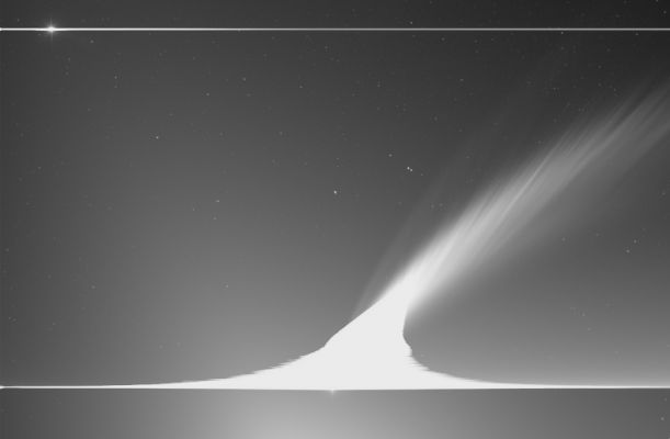 Mc Naught and its "Iron Tail"
Caption NASA:"Outstanding in planet Earth's sky early this year, Comet McNaught is captured in this view from the STEREO A spacecraft. McNaught's coma is so bright, it blooms into the long horizontal stripe at the bottom of the field. Brilliant Venus, near the top left corner, also produces a severe horizontal blemish in the digital image. But the sensitive camera does accurately record the striations in McNaught's famous dust tail along a region stretching over 30 MKM toward the top right of the field of view. A separate, fainter, arching tail just to the left of the dust tail was initially thought to be an example of a common ion tail, formed by electrically charged atoms carried away from the comet by the Solar Wind. 
However, detailed modeling indicates that tail is actually due to Neutral Iron atoms pushed out by the pressure of sunlight - the first ever detected Neutral Iron tail from a comet. The Iron atoms are thought to originate in dust grains from the comet nucleus that contain the Iron-Sulfur mineral Troilite (FeS)". 
Parole chiave: From Space Images - STEREO A Spacecraft