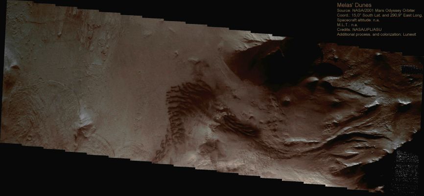Dunes in Melas Chasma (Enhanced Natural Colors; credits for the additional process. and color.: Dr Paolo C. Fienga - Lunexit Team)
nessun commento
Parole chiave: Mars from orbit - Melas Chasma