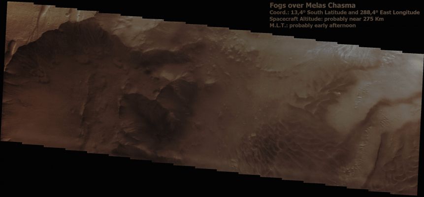 Fogs over Melas Chasma (Enhanced Absolute Natural Colors; credits for the additional process. and color: Dr Paolo C. Fienga - Lunexit Team)
nessun commento
Parole chiave: Mars from orbit - Chasmas - Melas Chasma