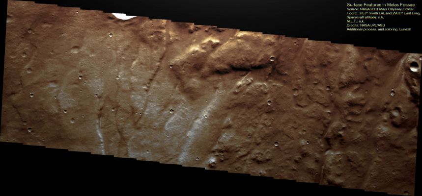 Surface Features in Melas Fossae (Enhanced Natural Colors; credits for the additional process. and color.: Dr Poalo C. Fienga - Lunexit Team)
nessun commento
Parole chiave: Mars from orbit - Melas Fossae