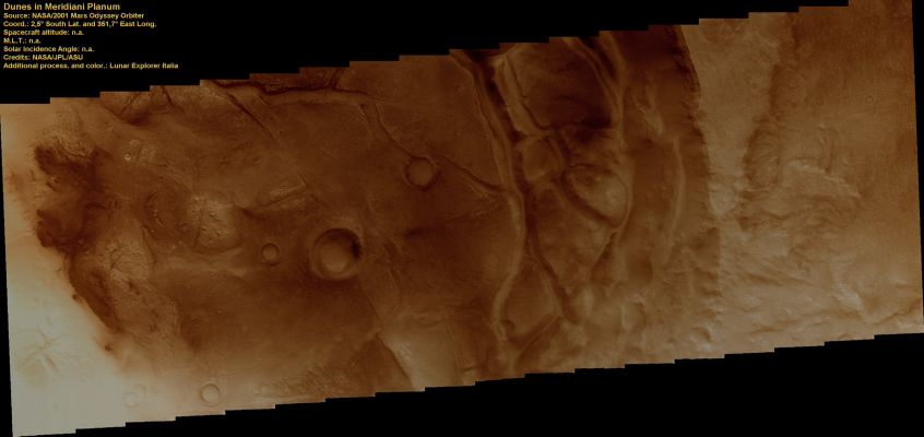 Dust and small Dark Dunes near Meridiani Planum (Saturated Natural Colors; credits for the additional process. and color.: Dr Paolo C. Fienga - Lunar Explorer Italia)
Nota Lunexit: l'immagine in oggetto appare offuscata e curiosamente monocromatica a causa - riteniamo - di una spessa coltre di polveri in sospensione sulla zona ripresa (l'elevata Opacità Atmosferica, specie allorchè è presente sulle Regioni Equatoriali e peri-Equatoriali - ne sono prova svariati frames relativi alle surface features della Vallis Marineris -, è spesso responsabile dell'effetto "ovattato" dei frames Odyssey - la cui qualità intrinseca, comunque, oltre ad essere enormemente inferiore a quella degli Orbiter MGS ed MRO, è pure in caduta libera da almeno sei mesi).
Parole chiave: Mars from orbit - Meridiani Planum Region