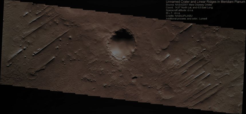 Unnamed Crater and Linear Ridges in Meridiani Planum (Absolute Natural Colors; credits: Dr Paolo C. Fienga - Lunexit Team)
nessun commento
Parole chiave: Mars from orbit - Meridiani Planum