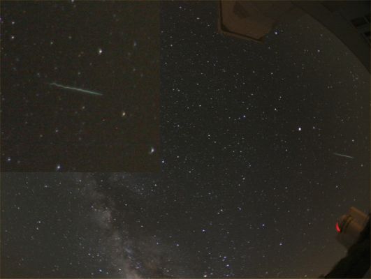 Wiggling Meteor
Dalla Rubrica "NASA - Picture of the Day" del giorno 2 Giugno 2010:"Did this meteor take a twisting path? 
No one is sure. Considered opinions are solicited. 

Meteors, usually sand sized grains that originate in comets, will typically disintegrate as they enter the Earth's atmosphere. A fast moving meteor ionizes molecules in the Earth's atmosphere that subsequently glow when they reacquire electrons. Meteor paths that twist noticeably have been noted before, and even photographed, but attributing such behavior to the motion of the meteor itself and neither the wind-blown meteor train nor the observer remains somewhat controversial. 

The above meteor, imaged two weeks ago streaking over the Teide Observatory in Tenerife, Canary Islands, appears to swagger as much as several minutes of arc, which the experienced astrophotographer did not think could be attributed to drifting of the resulting train or motion of the camera mount. 
If truly an indication of a twisted meteor path, an underlying reason could be the pictured meteor was markedly non-spherical in shape, non-uniform in composition, or electrically charged. Non-uniform meteors, for example, may evaporate more on one side than another, causing a rotating meteor to wobble. 

Understanding meteors is important partly because meteors are candidates to have seeded Earth with prebiotic molecules that allowed for the development of life". 
Parole chiave: From Earth Images - Professional Pictures