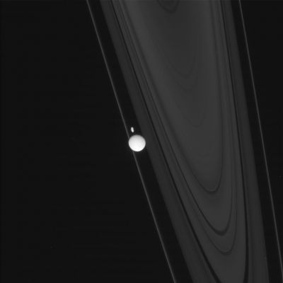 Space Encounter: Mimas and Prometheus (2)
Caption NASA:"N00121933.jpg was taken on October 20, 2008 and received on Earth October 21, 2008. 
The camera was pointing toward MIMAS that, at the time, was approx. 1.054.003 Km away.
This image was taken using the CL1 and CL2 filters and it has not been validated or calibrated." 
Parole chiave: Saturn's Moon - Mimas and Prometheus