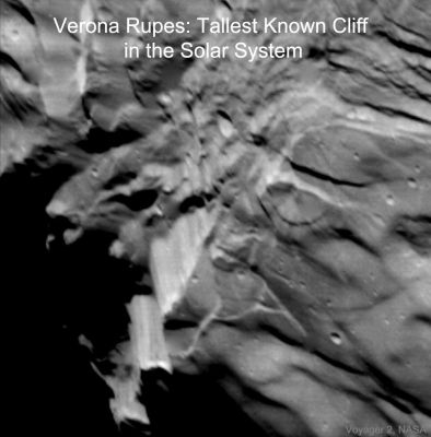 Verona Rupes
Caption NASA:"Could you survive a jump off the tallest cliff in the Solar System? 
Quite possibly. Verona Rupes on Uranus' moon Miranda is estimated to be 20 kilometers deep - ten times the depth of the Earth's Grand Canyon. Given Miranda's low gravity, it would take about 12 minutes for a thrill-seeking adventurer to fall from the top, reaching the bottom at the speed of a racecar -- about 200 Km-per- hour. 
Even so, the fall might be survivable given proper airbag protection. The featured image of Verona Rupes was captured by the passing Voyager 2 Robotic Spacecraft in 1986. 
How the giant cliff was created remains unknown, but is possibly related to a large impact or tectonic surface motion". 
Parole chiave: Uranus' Moon - Miranda