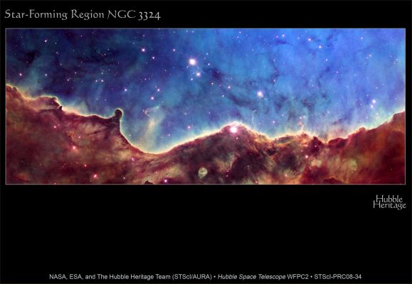 NGC 3324 - Star-forming Region
The landmark 10th anniversary of the Hubble Space Telescope's Hubble Heritage Project is being celebrated with a 'landscape' image from the cosmos. Cutting across a nearby star-forming region are the "hills and valleys" of gas and dust displayed in intricate detail. Set amid a backdrop of soft, glowing blue light are wispy tendrils of gas as well as dark trunks of dust that are light-years in height.

The Hubble Heritage Project, which began in October 1998, has released nearly 130 images mined from the Hubble data archive as well as a number of observations taken specifically for the project. By releasing a new, previously unseen Hubble image every month, the team's intent was to showcase some of the most attractive images ever taken by the Hubble telescope, and share them with a wide audience. The Heritage team continues to create aesthetic images that present the universe from an artistic perspective.

This month's three-dimensional-looking Hubble image shows the edge of the giant gaseous cavity within the star-forming region called NGC 3324. The glowing nebula has been carved out by intense ultraviolet radiation and stellar winds from several hot, young stars. A cluster of extremely massive stars, located well outside this image in the center of the nebula, is responsible for the ionization of the nebula and excavation of the cavity.

The image also reveals dramatic dark towers of cool gas and dust that rise above the glowing wall of gas. The dense gas at the top resists the blistering ultraviolet radiation from the central stars, and creates a tower that points in the direction of the energy flow. The high-energy radiation blazing out from the hot, young stars in NGC 3324 is sculpting the wall of the nebula by slowly eroding it away.

Located in the Southern Hemisphere, NGC 3324 is at the northwest corner of the Carina Nebula (NGC 3372), home of the Keyhole Nebula and the active, outbursting star Eta Carinae. The entire Carina Nebula complex is located at a distance of roughly 7,200 light-years, and lies in the constellation Carina.

This image is a composite of data taken with two of Hubble's science instruments. Data taken with the Advanced Camera for Surveys (ACS) in 2006 isolated light emitted by hydrogen. More recent data, taken in 2008 with the Wide Field Planetary Camera 2 (WFPC2), isolated light emitted by sulfur and oxygen gas. To create a color composite, the data from the sulfur filter are represented by red, from the oxygen filter by blue, and from the hydrogen filter by green.

The Heritage project has released images using several of Hubble's optical cameras: the Wide Field Planetary Camera (WF/PC), which was installed when the telescope was first deployed in 1990; WFPC2, which replaced WFPC in 1993 and is still in service today; and ACS, which was added in 2002. After the Hubble Servicing Mission in early 2009, the Hubble Heritage team hopes to continue using ACS as well as the newest of the optical cameras, Wide Field Camera 3.


Parole chiave: From Space Images - Hubble Space Telescope (HST) Images